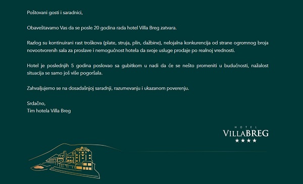 Zatvara se hotel Villa Breg